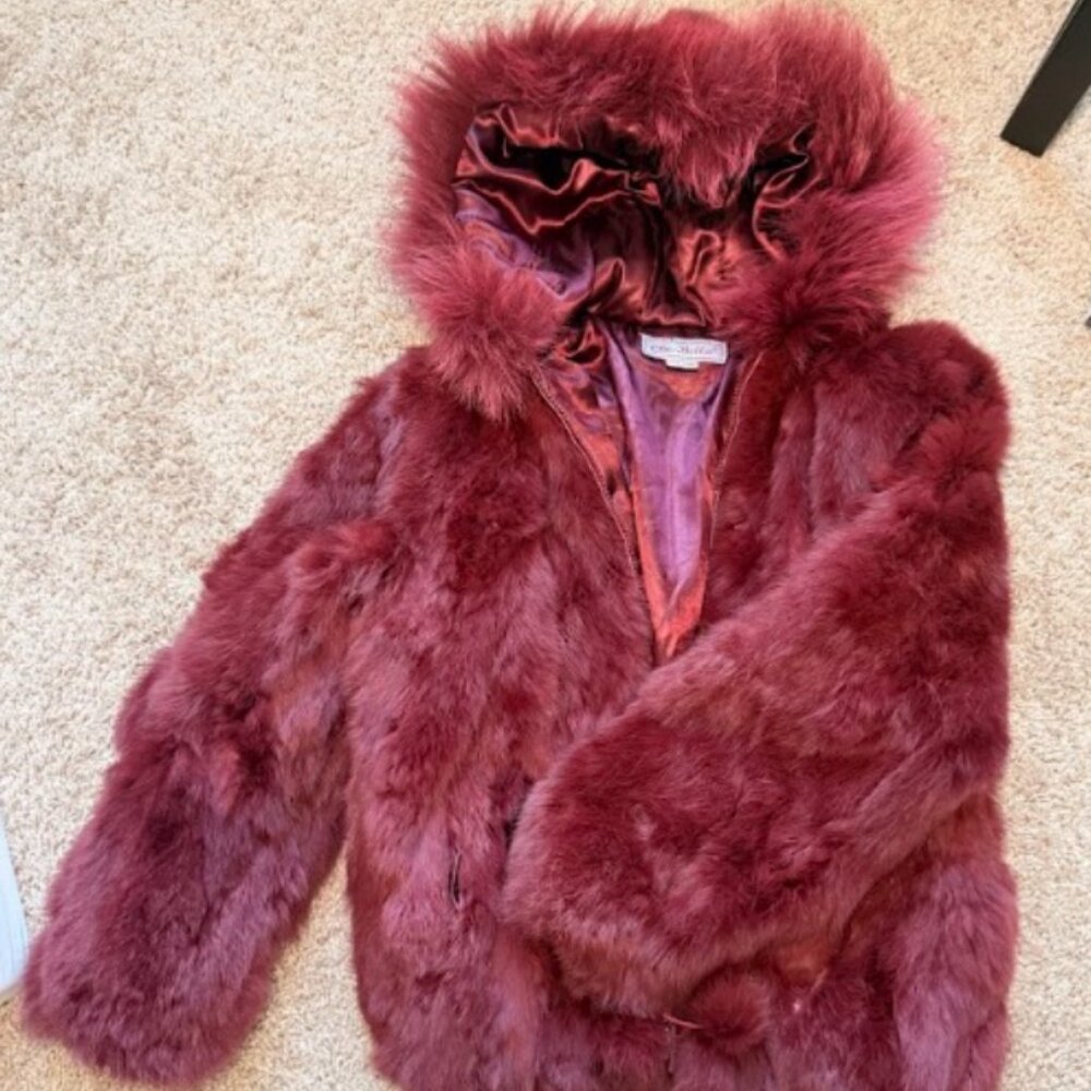 Burgundy Faux Fur Zip-Up Jacket with Hood / Size XS